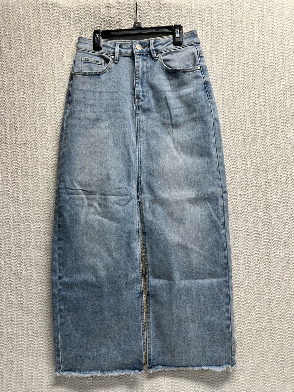 risen los angeles / light wash blue denim maxi skirt with front slit size small